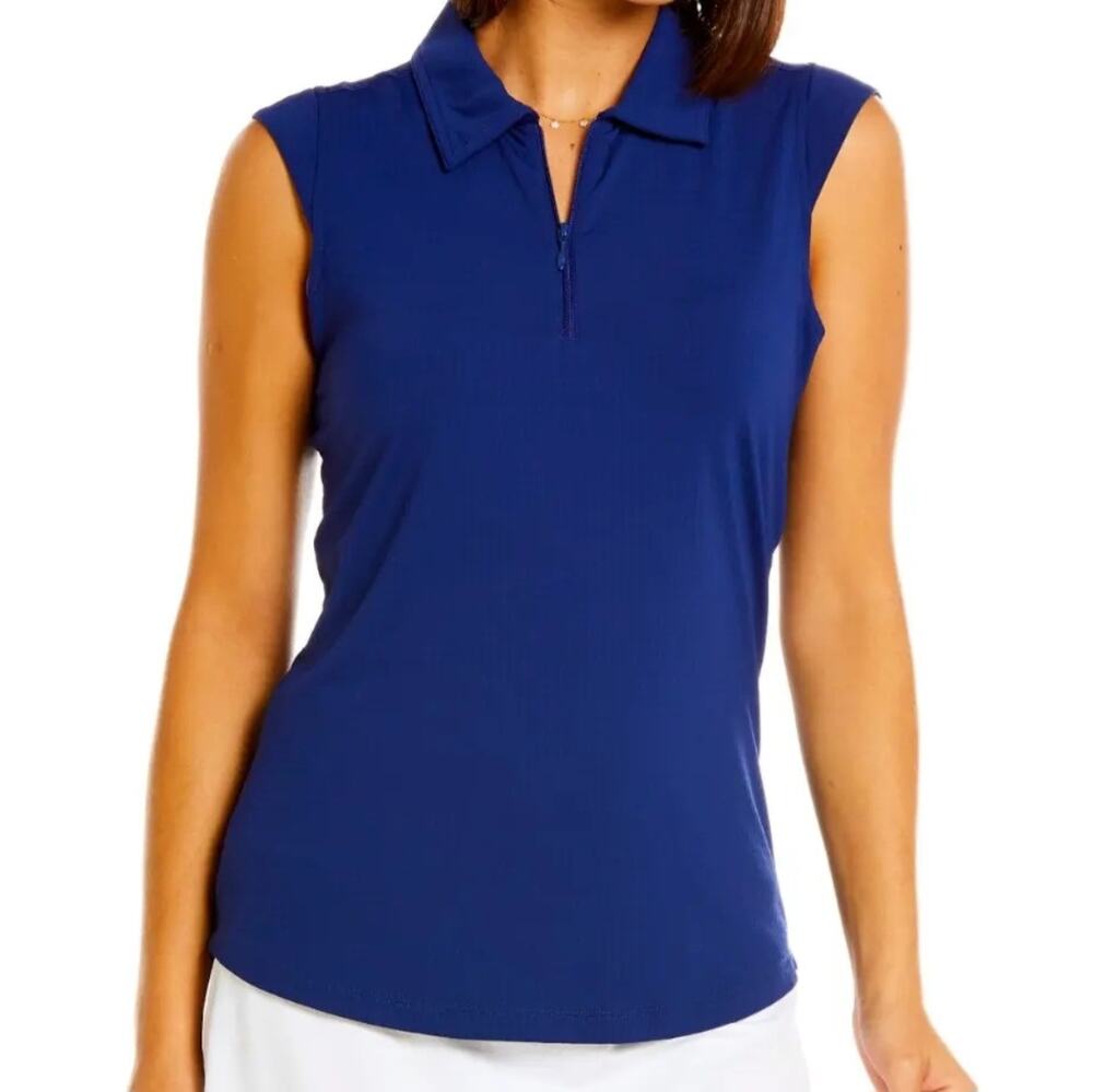 IBKUL Women's Solid Sleeveless 1/4 Zip Polo Navy Blue Pickleball Tennis Golf S